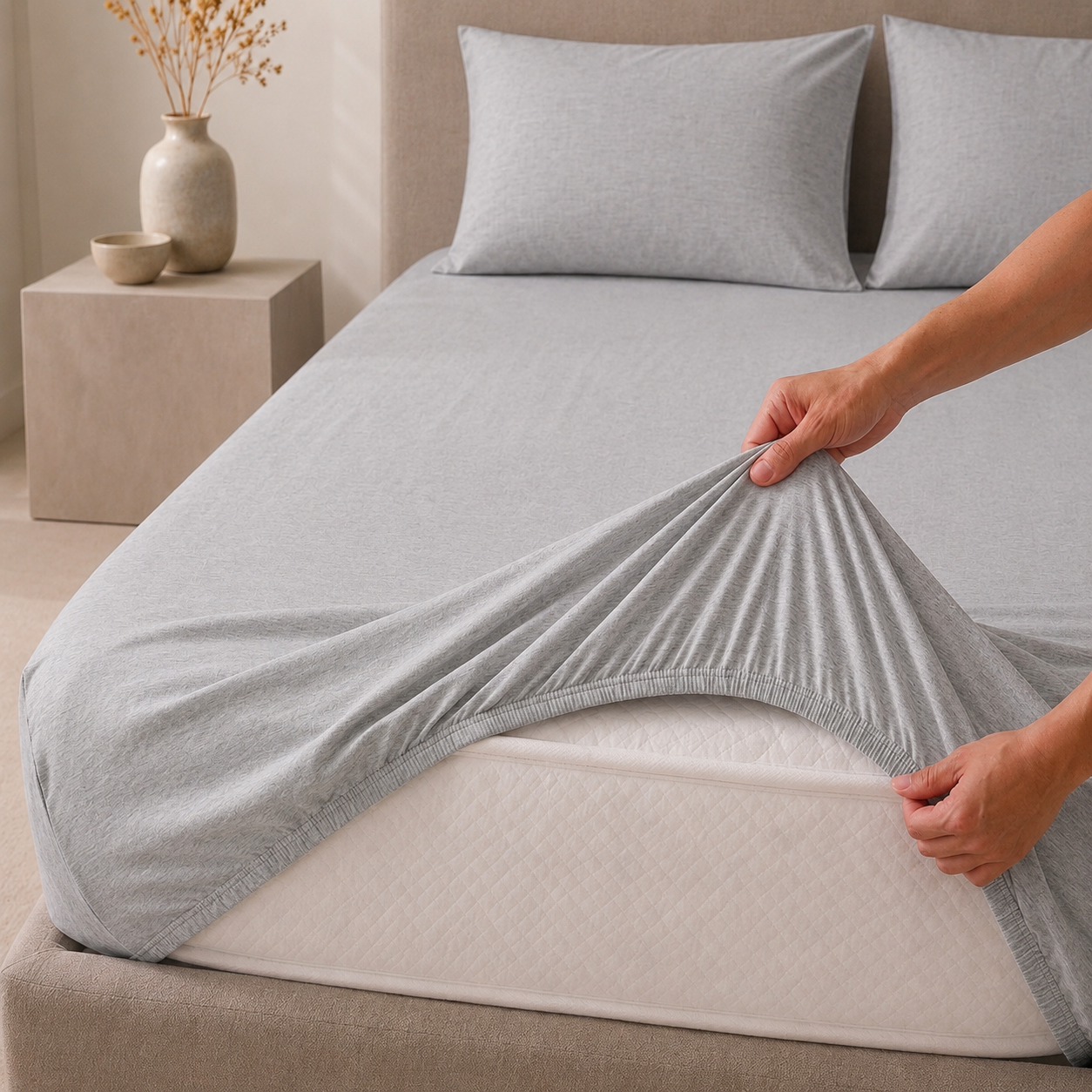 طقم ملاية سرير كينج باستيك (مطاط) 3 قطع – رمادي فاتح TLG | 180 × 200 + 30 سم + 2 كيس مخدة