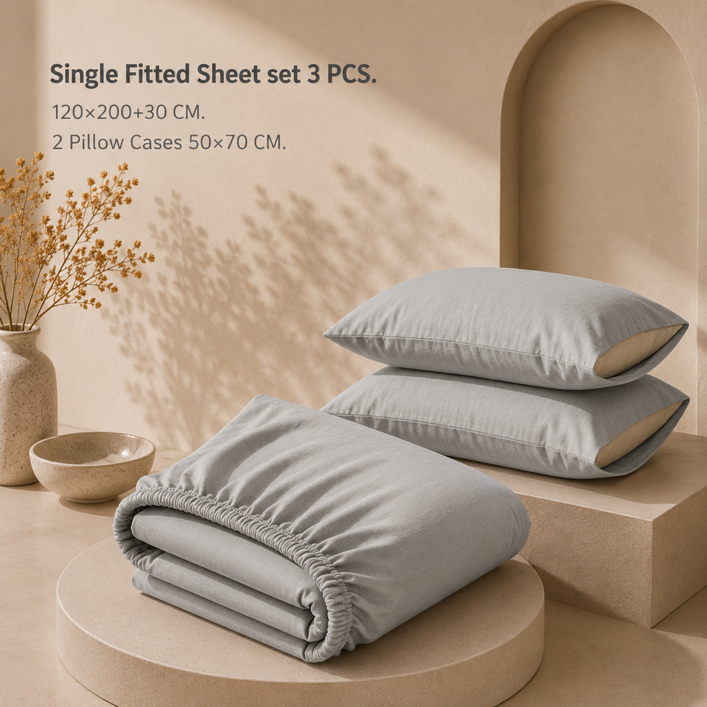 Single Fitted Sheet Set 3 PCS. 120x200+30CM.+2 Pillow Cases 50x70cm TLW