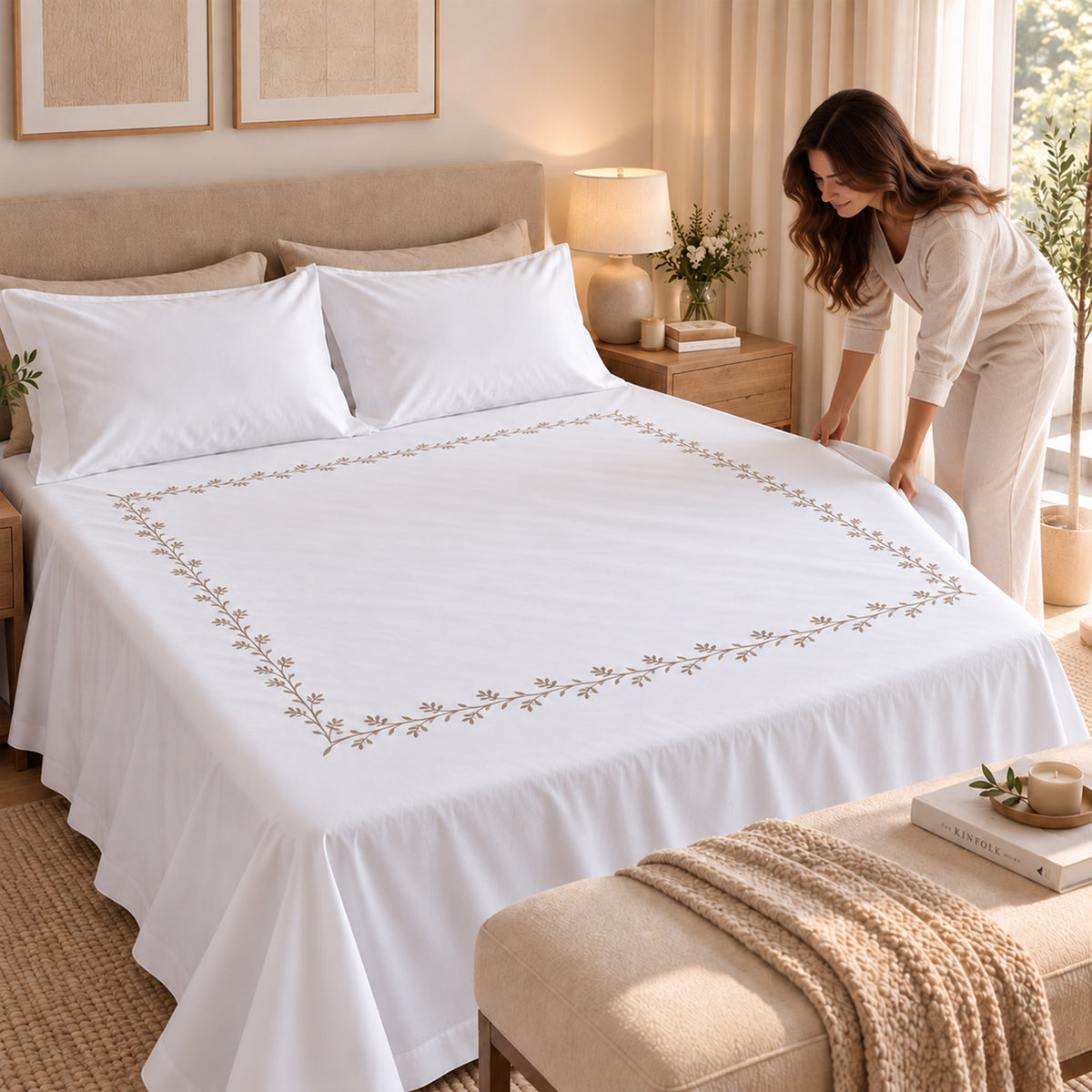 Embroidery section plain Flat Sheet Set 3 260*270 W 2 P/Case 50*70 white-0001